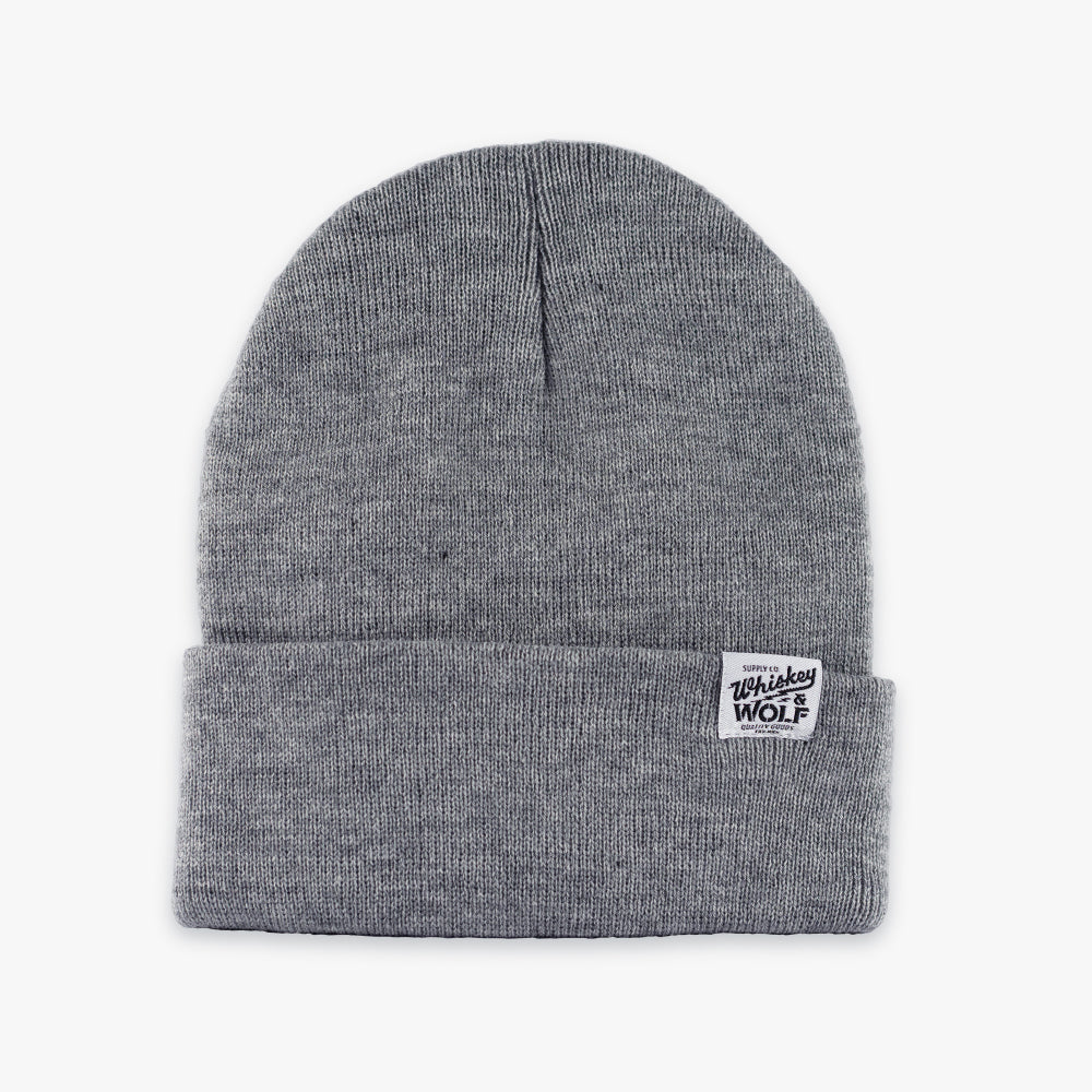 gray beanie designed by Whiskey and Wolf Supply co